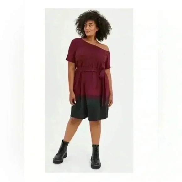TORRID OFF SHOULDER T-SHIRT DRESS FRENCH TERRY BURGUNDY DIP DYE - Picture 2 of 11